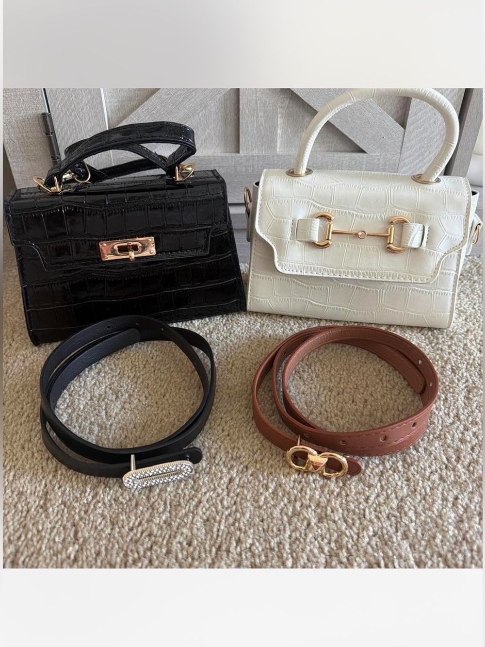 Classic Croc-Embossed Top-Handle Bag — Black and White